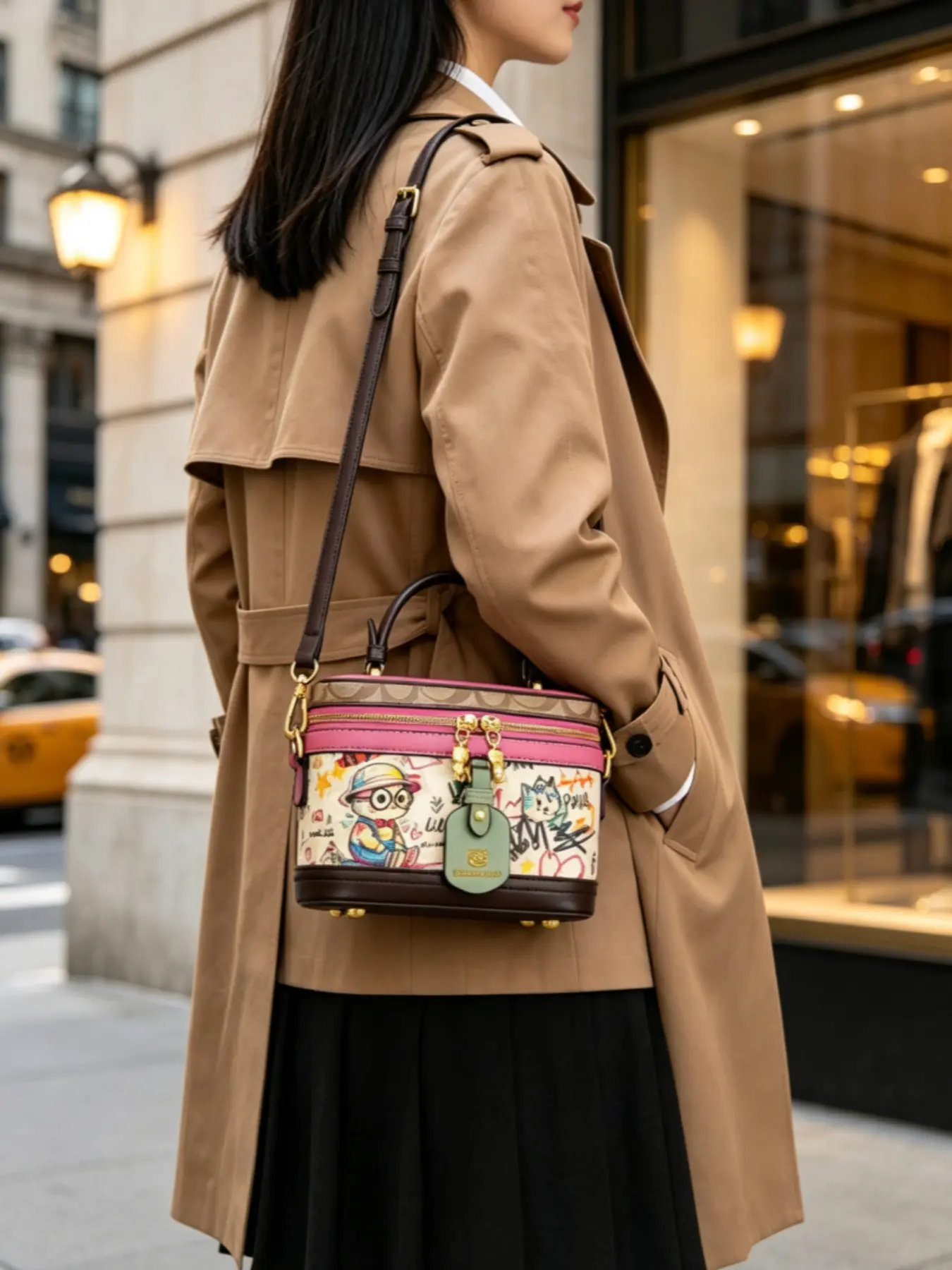 Cute Graffiti Cat Mini Box Handbag Women Retro Print Top Handle Crossbody Purse with Detachable Strap