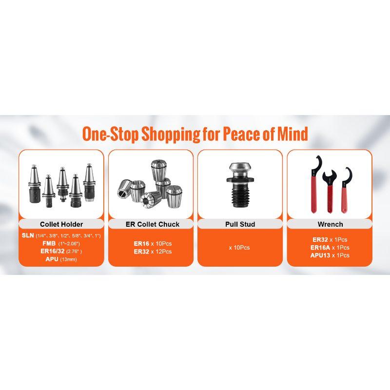 VEVOR CAT40 Collet Holder ER 16/32 Collet Set, 35 PCs, SLN FMB ER16/32 APU Tool Holders Spring Steel Collet Chucks with 10 Pull Studs and 3 Wrenches, for Milling Machine Drill Presses Boring Machine