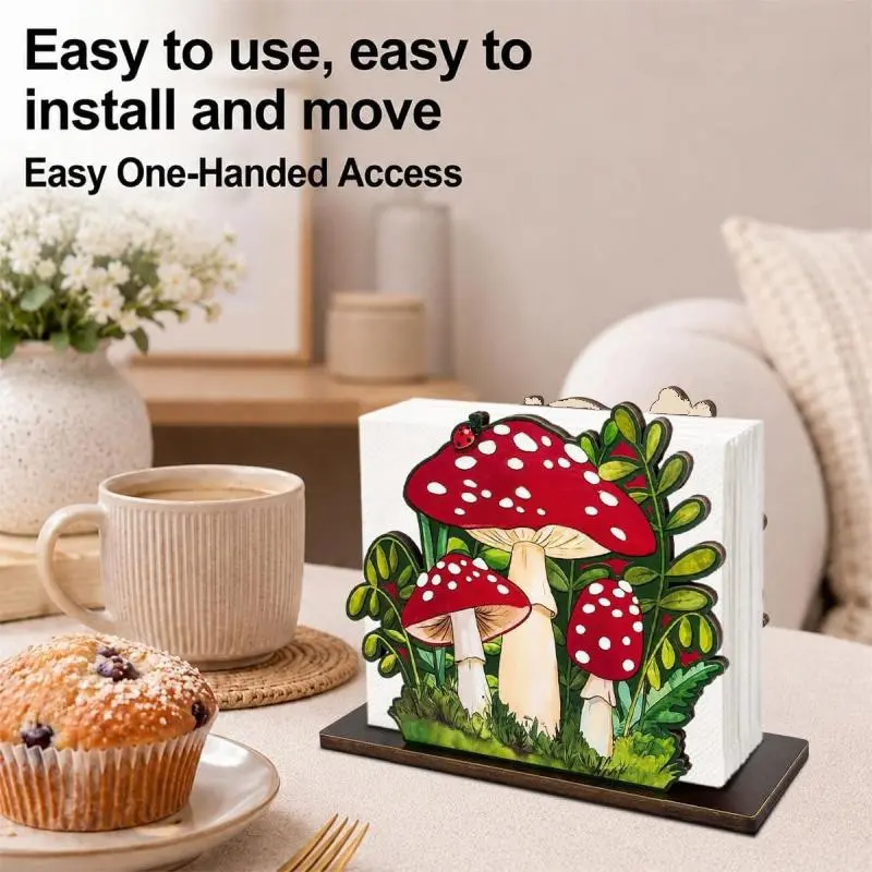 Wooden Mushroom Napkin Holder for Table, Cute Red Spotted Amanita Mushroom Ladybug Forest Kitchen Napkin Dispenser, Farmhouse Rustic Wooden Napkin Rack for Kitchen Countertop Dining Table Cabin Home Decor