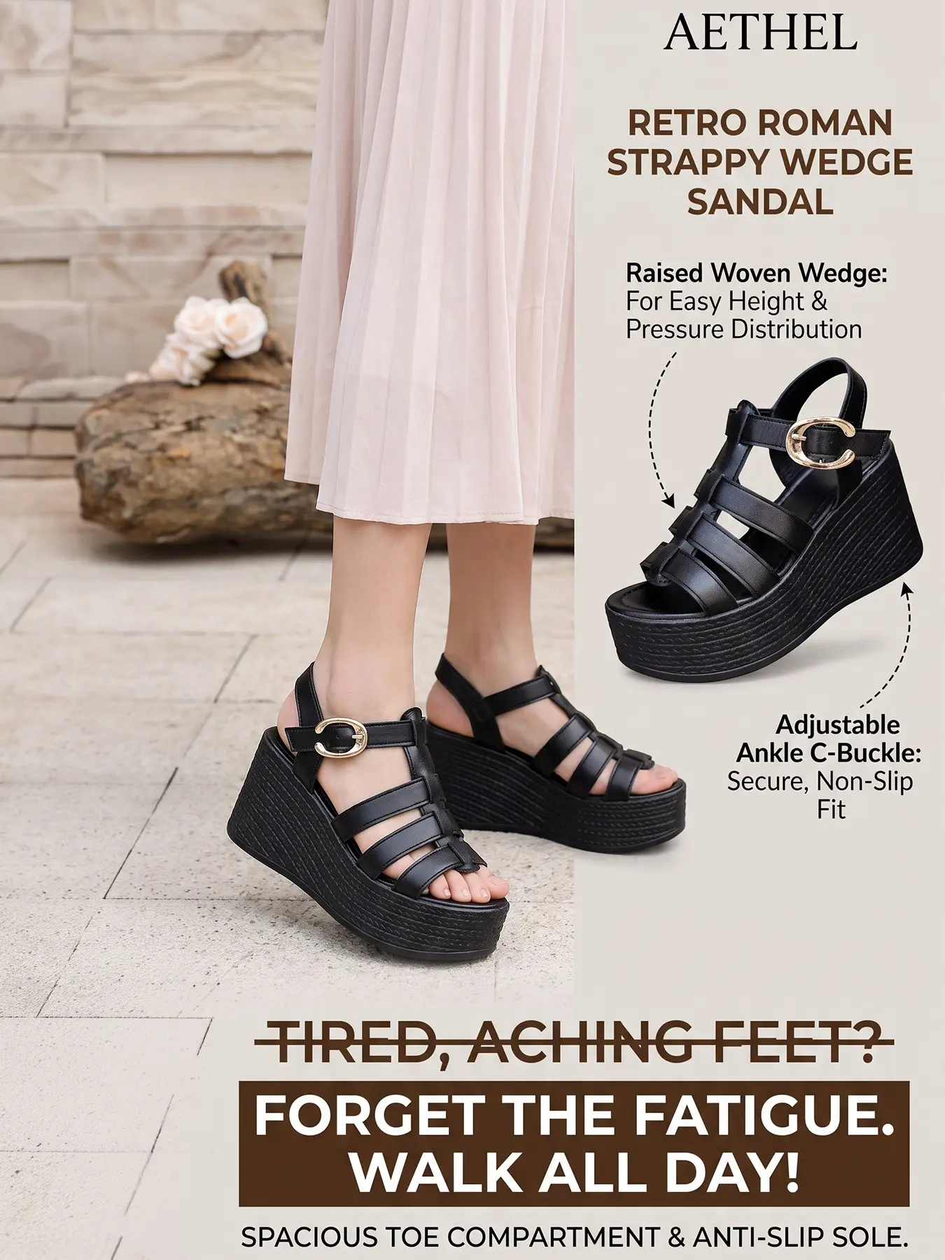 Comfortable Thick Sole Wedge Sandals (35-43), Wide Fit, Adjustable Ankle Strap, Breathable Laces, Non-Slip Sole, Casual Summer Footwear