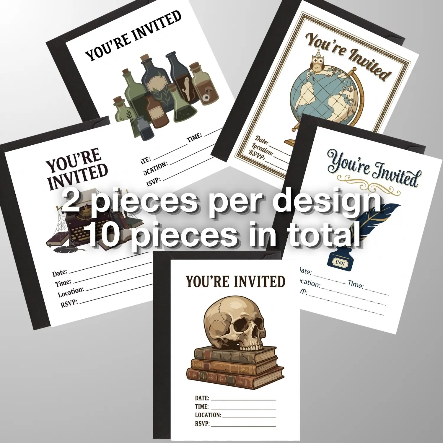 College Student Halloween Party Invitations Set, 5x7" Dark Academia Theme, 10 Pack Blank Fill-In Cards with Envelopes, Perfect for Events