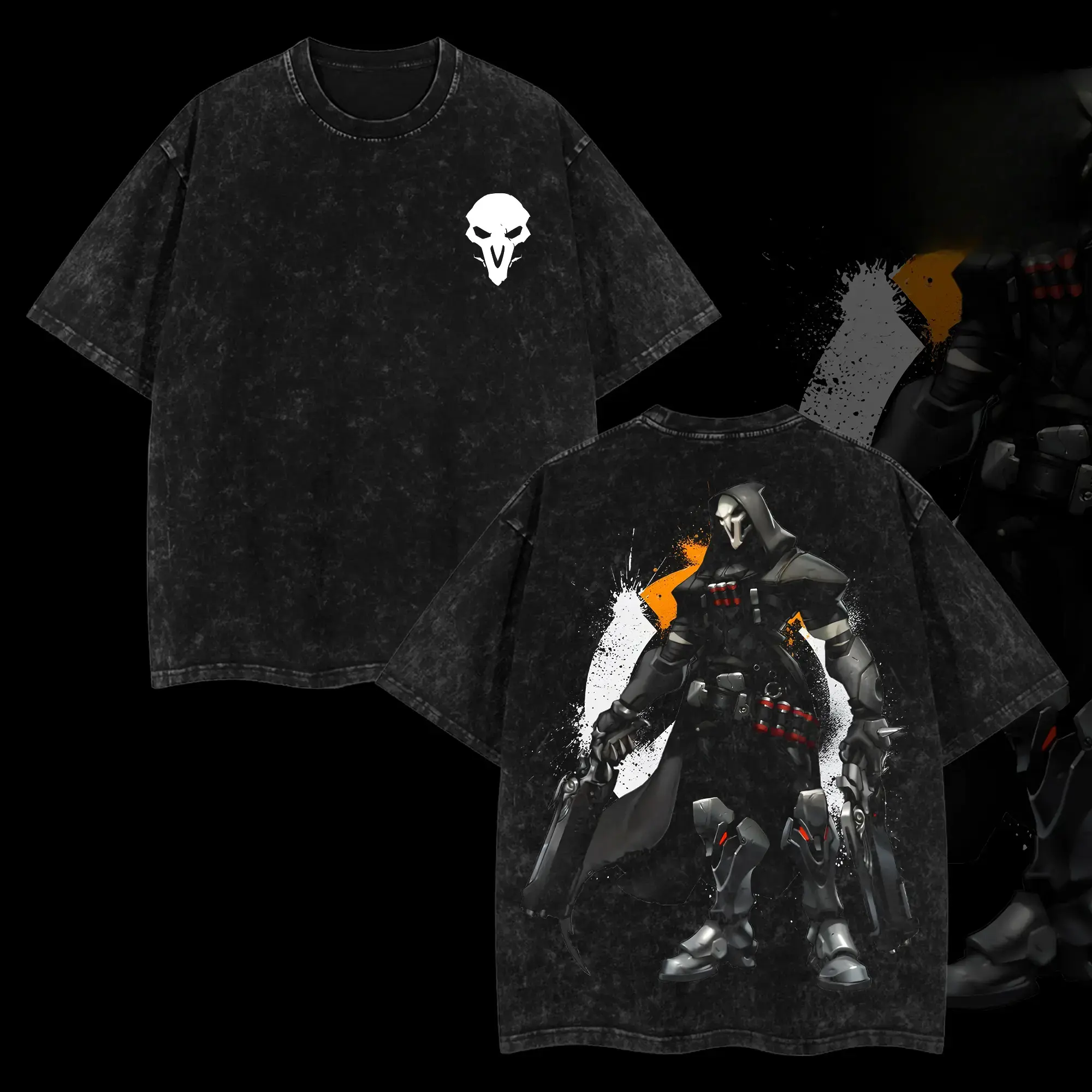 Retro Overwatch Reaper White Skull Mask Emblem Left Chest Print, Orange White Splash Background Dual Pistol Armored Reaper Full Character Back Graphic Dual-Sided Vintage Washed Black T-Shirt, Unisex Oversized Heavyweight Cotton Streetwear Top, Ideal Gift