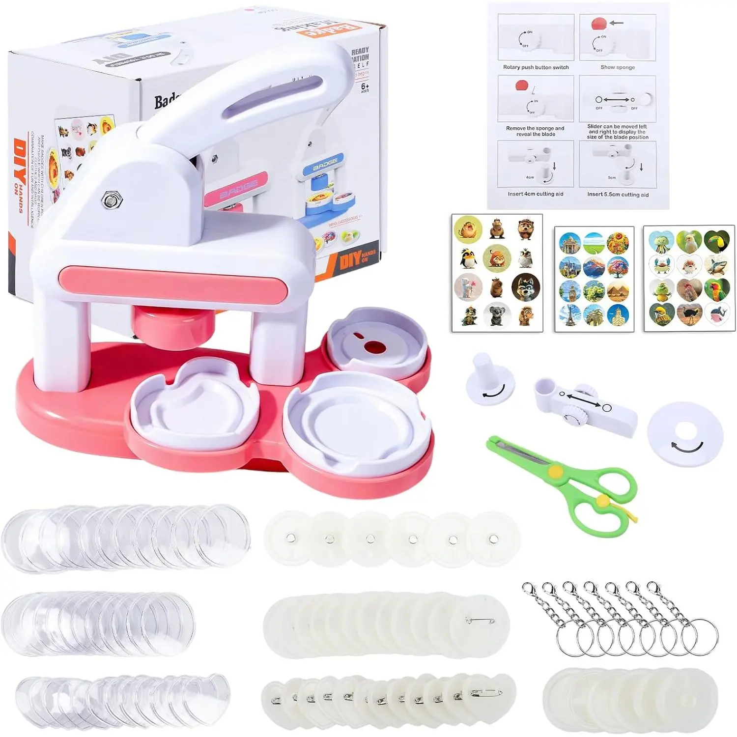 Button Maker Machine with 2 Sizes, 80Pcs DIY Badge Maker & Pin Maker Machine Kit, Craft Supplies for 55mm & 35mm Buttons, Arts and Crafts Gift (Pink)