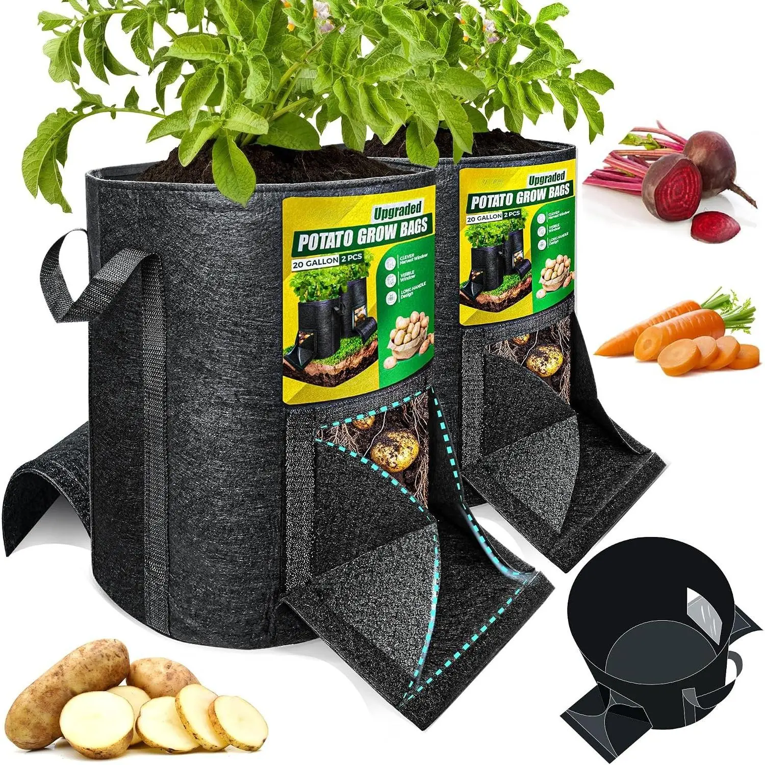 [Upgraded] 2-Pack 20-Gallon Nonwoven Fabric Garden Planting Pots with Harvest Window, Reinforced Handles, Outdoor Growing Containers for Tomatoes - Black, Harvest Win.