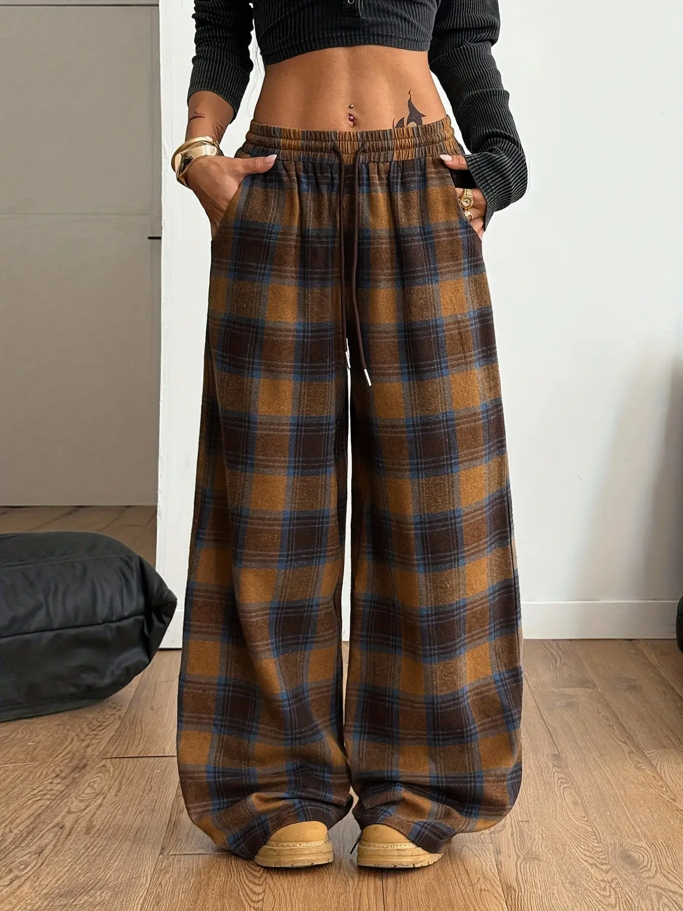 Women's Plaid Wide Leg Loose Pants, Elastic Waist with Drawstring, Slant Pockets, Casual Comfortable, All Seasons, Daily Wear, Office, Home