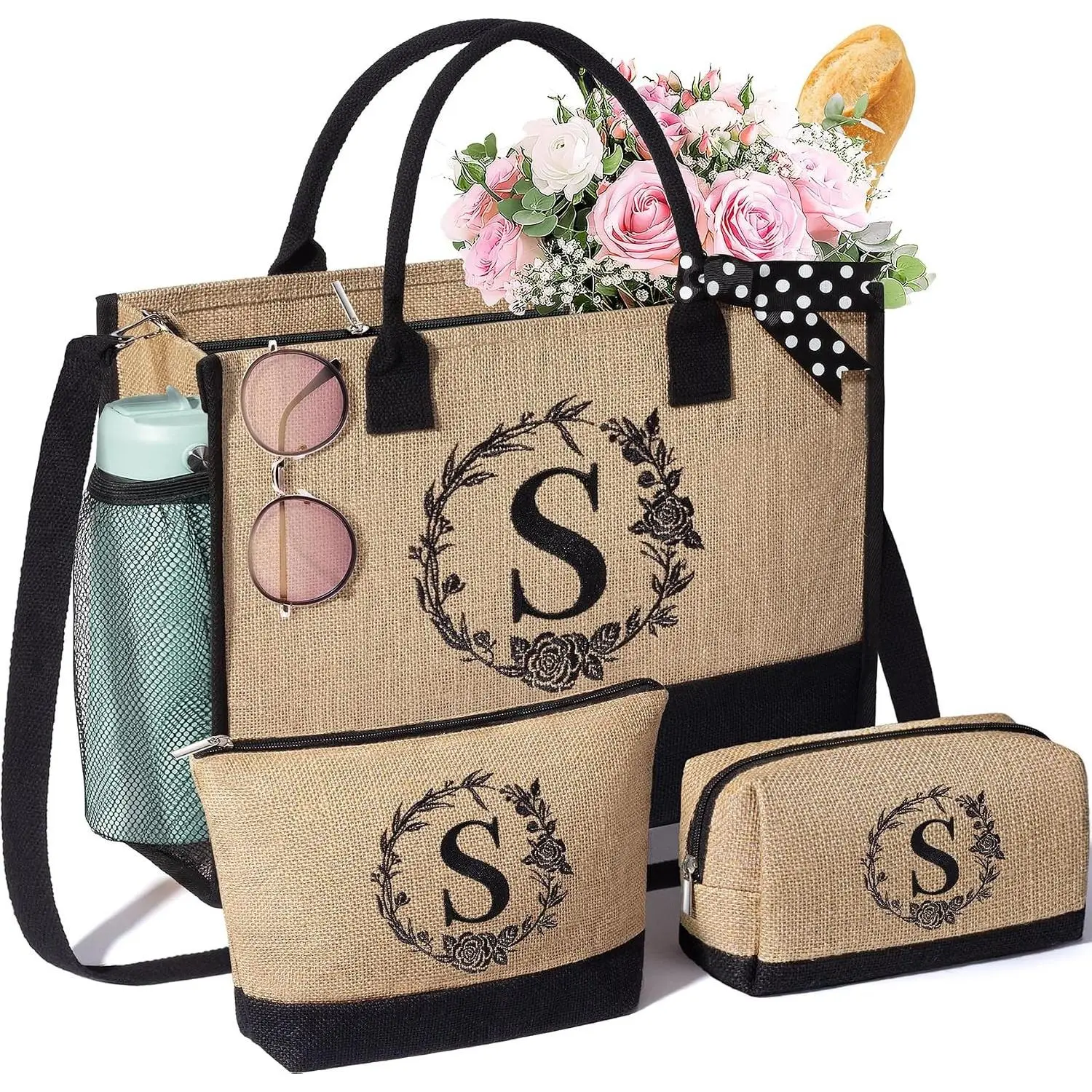 Personalized Birthday Gifts for Women, Monogrammed Initial Jute Tote Bags