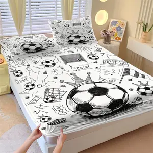Hand-Drawn Soccer Theme Fitted Sheet Set-1 Bed Sheet & 2 Coreless Pillowcases-Soft Non-Slip Wrinkle-Resistant Mattress Protector-White Base with Black Line Doodles-Kids Bedroom Decor, Gift for Soccer Lovers