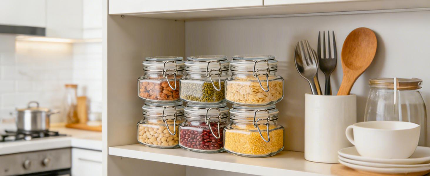 6 Pack 17 oz Glass Jars with Lid, Food Grade Glass Food Storage Containers with Labels Square Glass Food Storage Jars with Airtight lids, Air tight Jars for Pantry Storage & Pickling