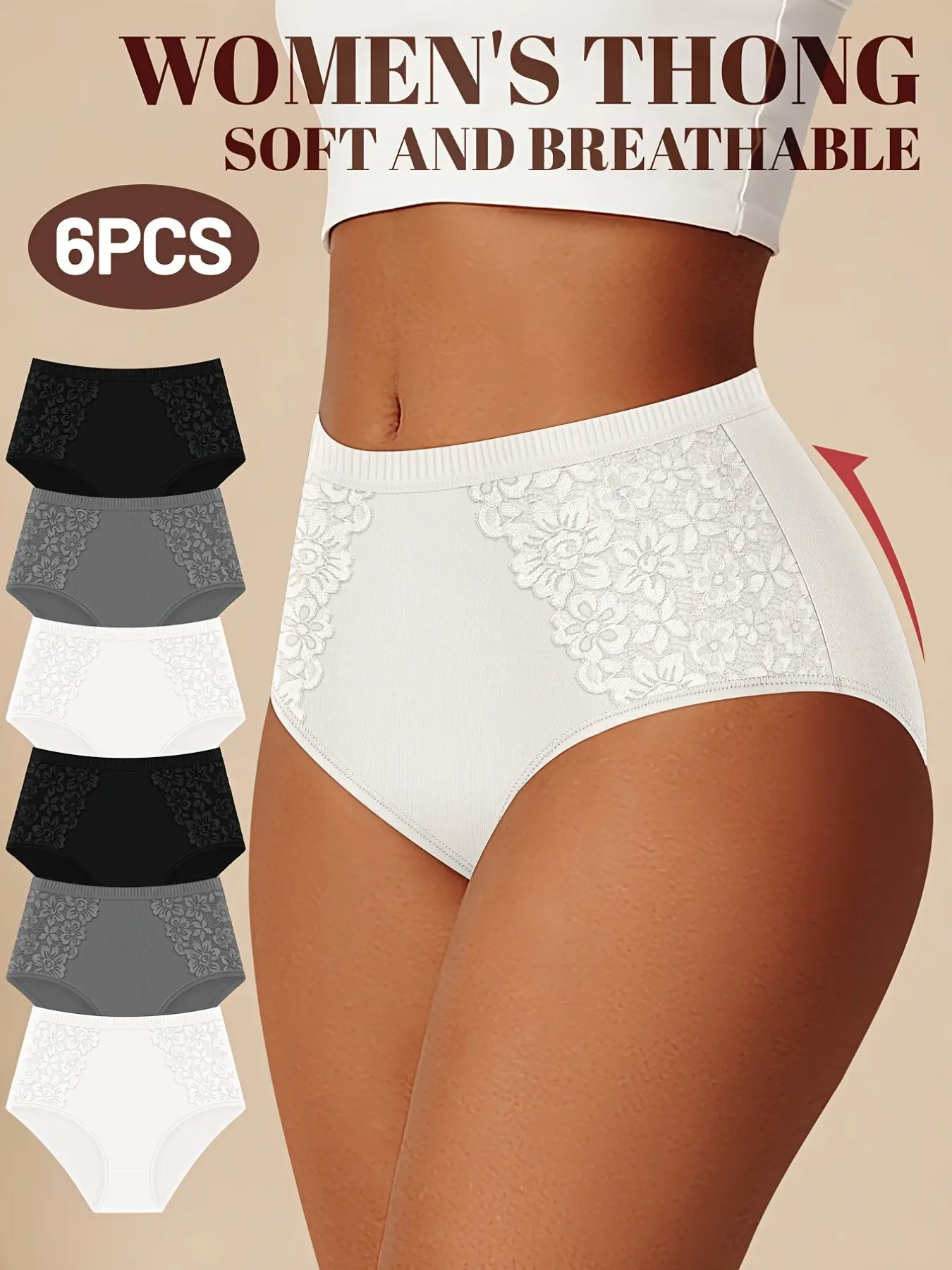 6-Pack Women's Cotton Underwear, Soft, Breathable, Elegant Chic Slim-Fit High-Waist High Waisted Tummy Control Briefs, Panties, Plain Design for All Seasons, Daily Wear Comfort