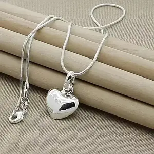 Women's S925 Sterling Silver Heart Necklace - Elegant Heart Charm, Smooth Snake Chain, Classic Fine Jewelry for Daily Wear, Wedding Gifting