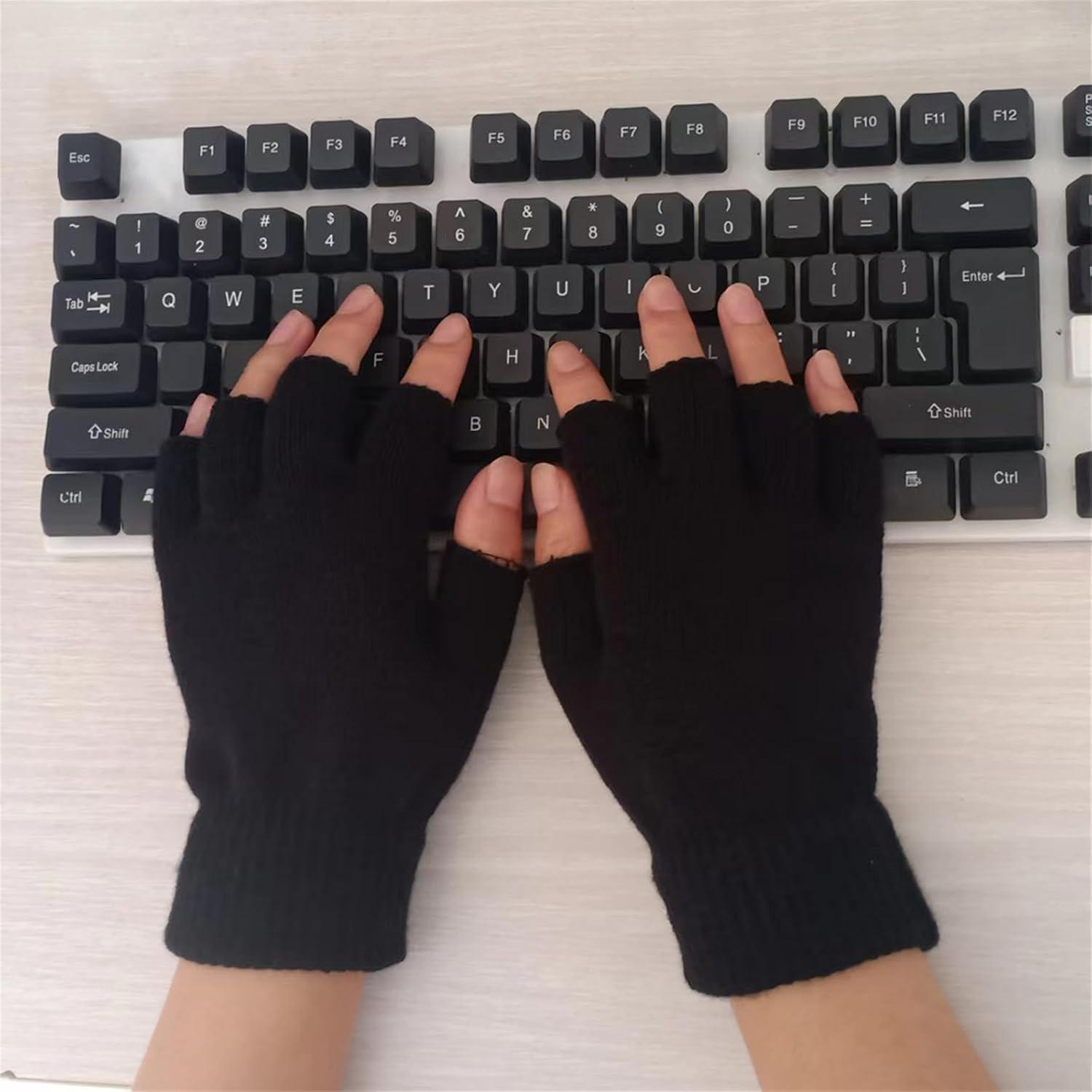 3-Pair Winter Fingerless Gloves for Women, Men & Teens, Black Knit Half Finger Touchscreen Gloves, Warm Stretchy for Writing, Working & Driving