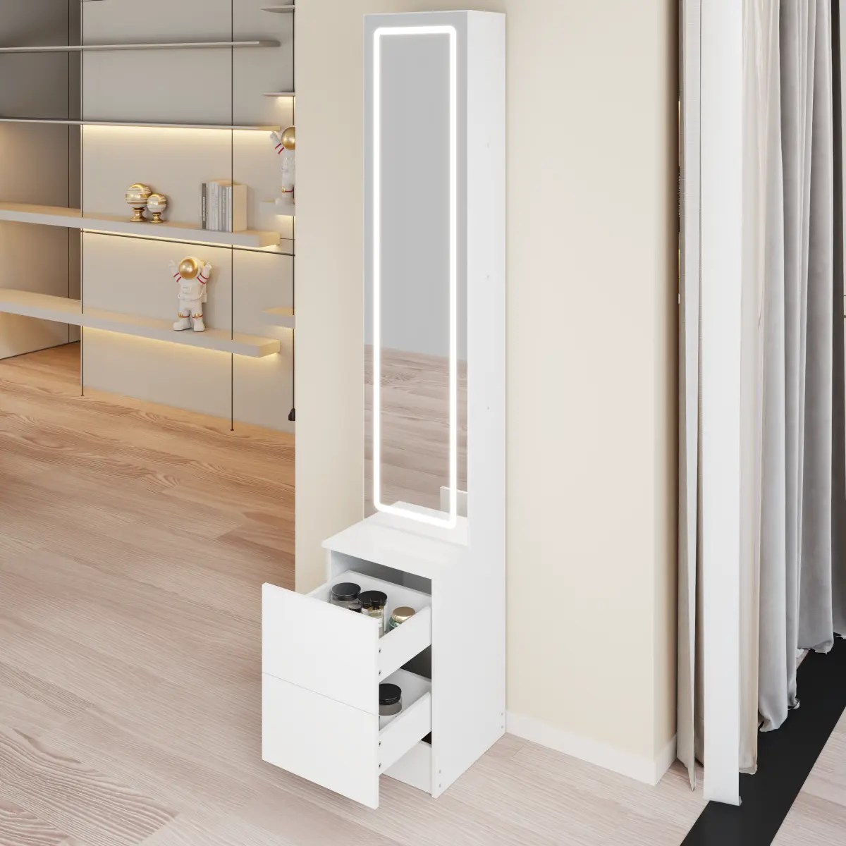 Length 11.8" x Width 15.7" x Height 63" LED Dressing Mirror Cabinet,Cosmetic Organizer Cabinet, Jewelry Cabinet, 3 colors, Adjustable Brightness, Extra Large Mirror, Multi Layer High Capacity Storage