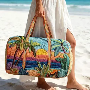 Hawaiian Boho Quilted Embroidered Large Bag, Sunset Palm Unique Texture, High Capacity Short Trip Overnight Beach Camping Fitness Bag
