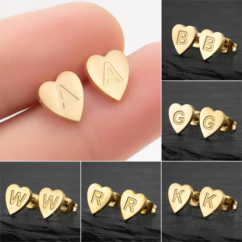 14K Gold Plated Heart Initial Earrings, Fashion Gold/Silver Personalized Letter A-Z Ear Stud Exquisite Heart Earrings Monogram Name Jewelry Birthday Holiday Gift