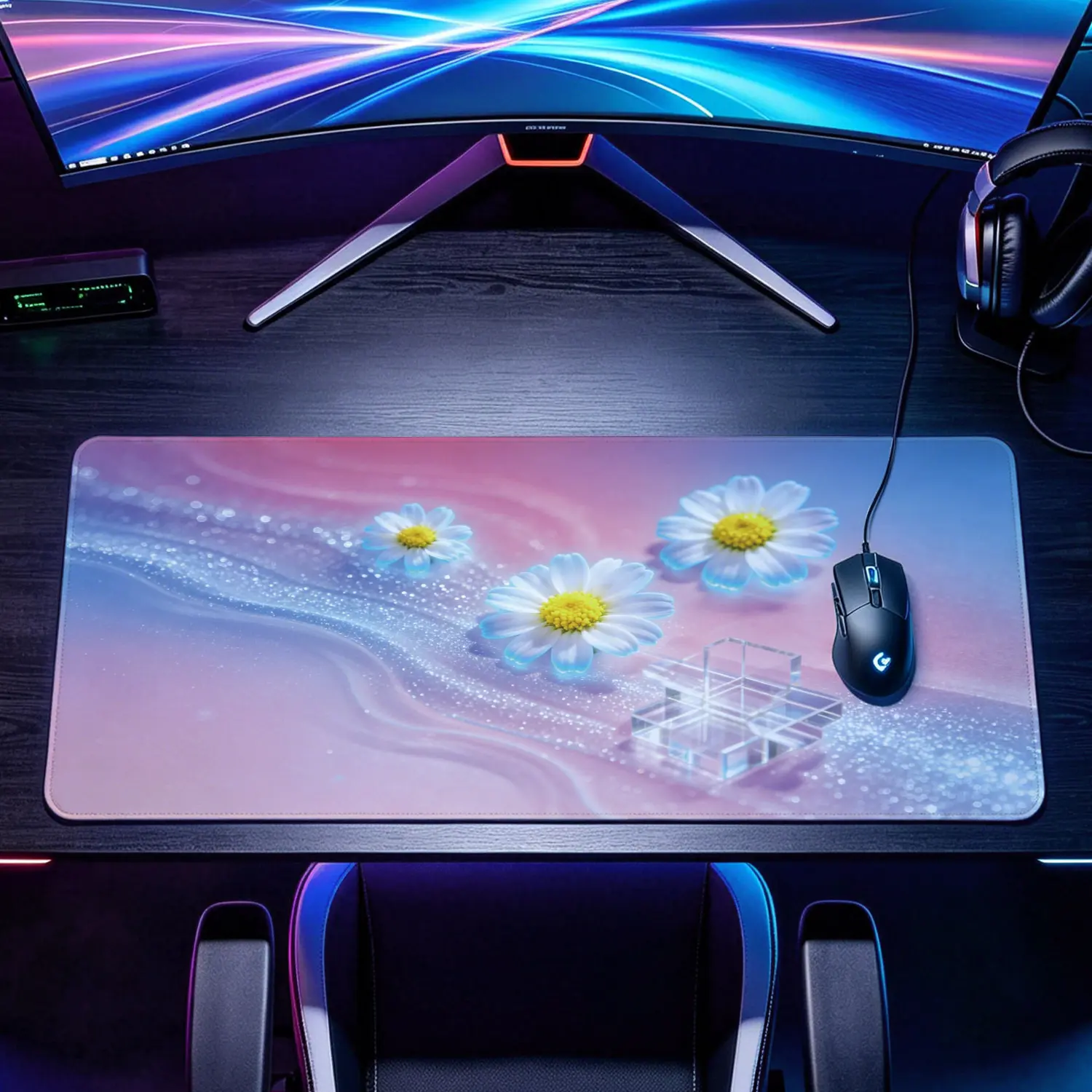 Extra Large aesthetic daisy flower with holographic wave Mouse Pad,Non Slip Rubber Pad,Desktop Decoration Drotection Pad, Washable,Lock Edge Multi Size,Premium Multipurpose Mousepad For Home Office,Gaming Workspace, Gift for Family and Friends