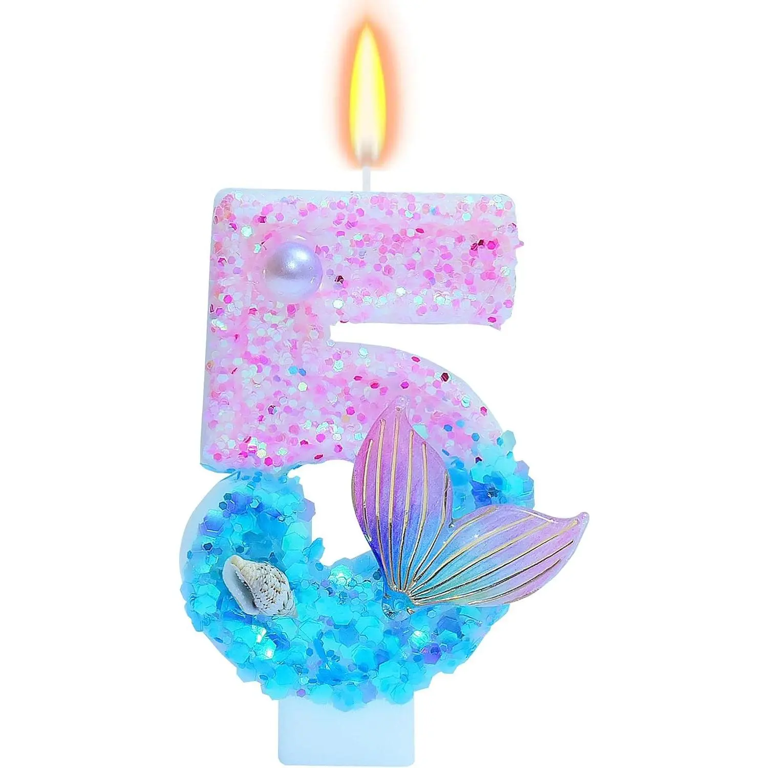 Mermaid Themed Birthday Candles, Number 5 Girls Glitter Birthday Party Supplies, Anniversary Party Decor, 2.87 inch Cake Topper Decorations (Mermaid Themed, Number 5)