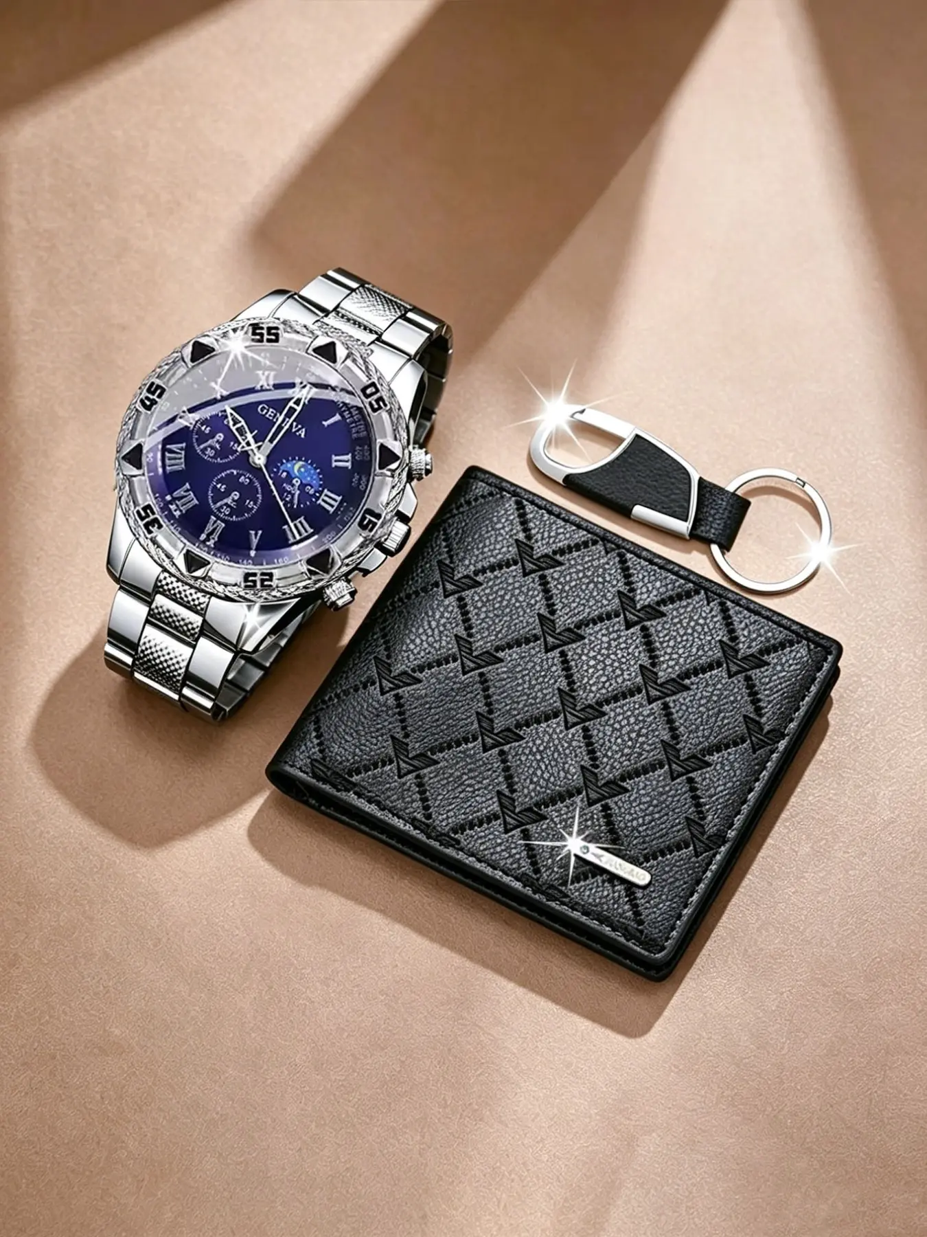 Luxury Men's Fashion Business Watch Set, Includes Wallet and Keychain, Perfect Gift for Birthday, Anniversary, Holidays
