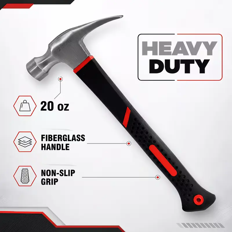 20 oz Heavy-Duty Claw Hammer with High-Strength Fiberglass Handle, Flat Head Anti-Slip Nail Puller, Household & Industrial Grade Hand Tool That Reduces Vibration