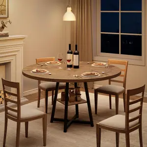 47 Inch Industrial Round Dining Table Seats 4-6 People, Rustic Brown Wood Top with Heavy-Duty Metal Pedestal Base & Lower Storage Shelf, Space-Saving Circular Table for Home Dining Room Living Area