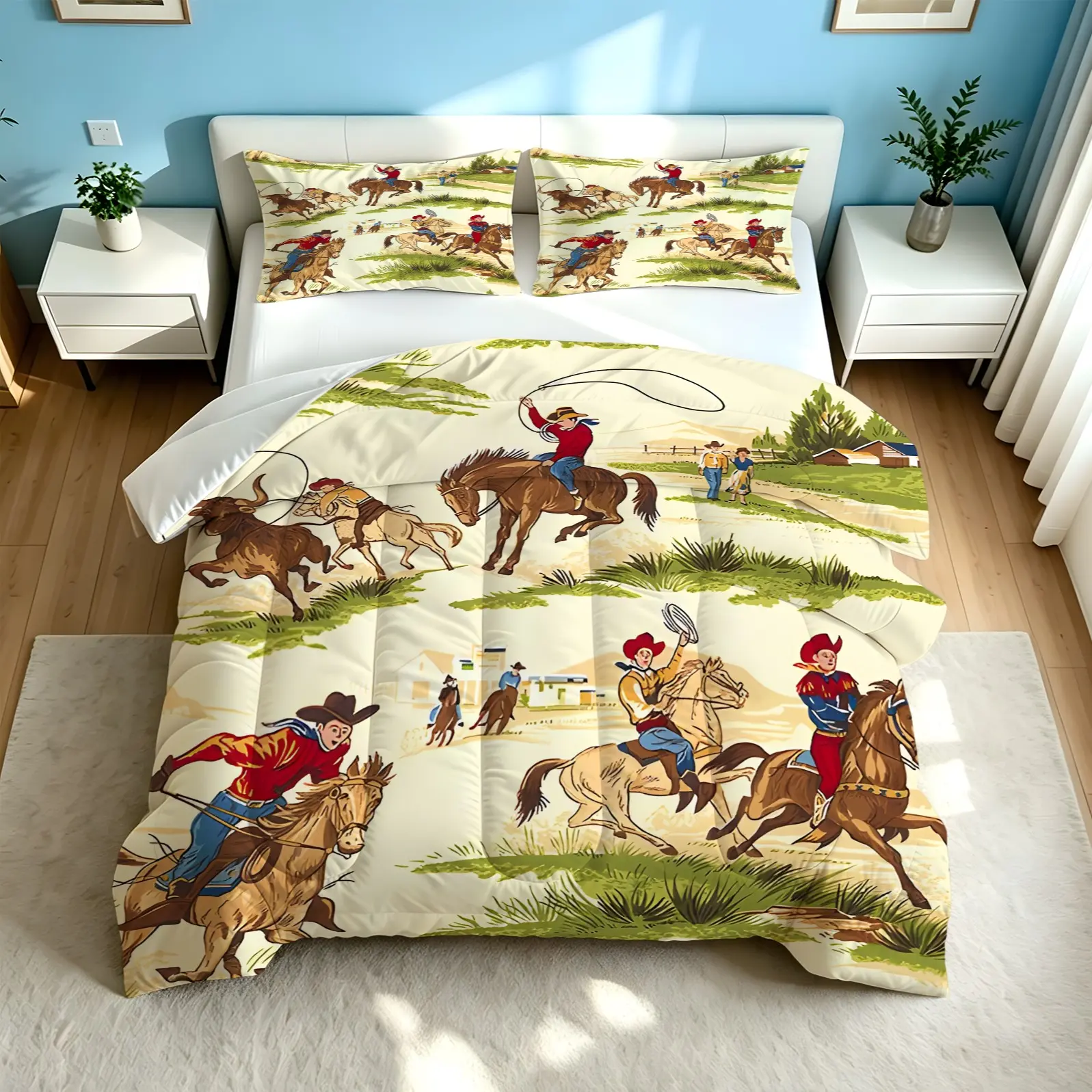 2/3pcs Western Cowboy Watercolor Print Comforter Set, Soft Digital Print Quilt Bedding Set, Rustic Horse Farmhouse Bedding for Bedroom Cabin Apartment, Lightweight Decor Bedding Gift for Western Country Style Lovers