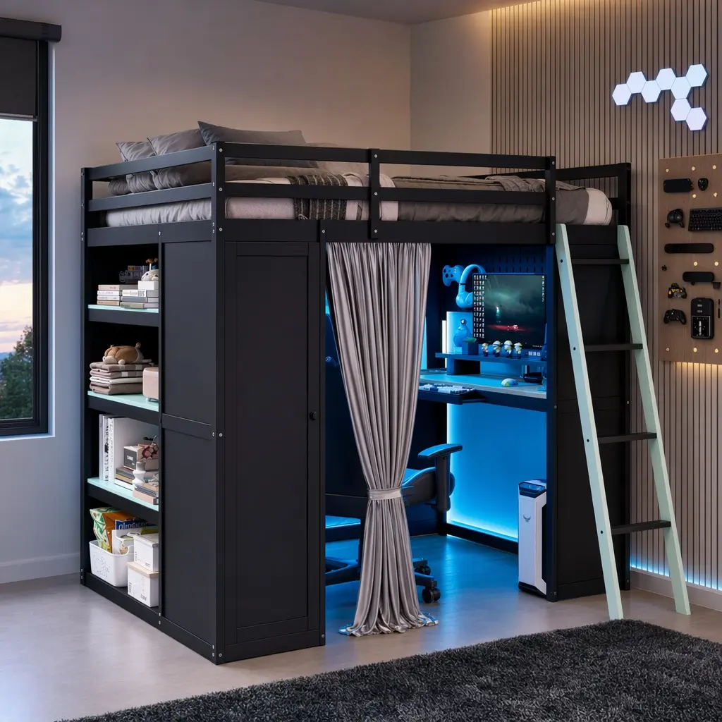 Full Size Wood Loft Bed with Wardrobe, Shelves, Blackout Curtains, RGB Lights, Illuminated Frame, 600 lbs Capacity, Black+Blue