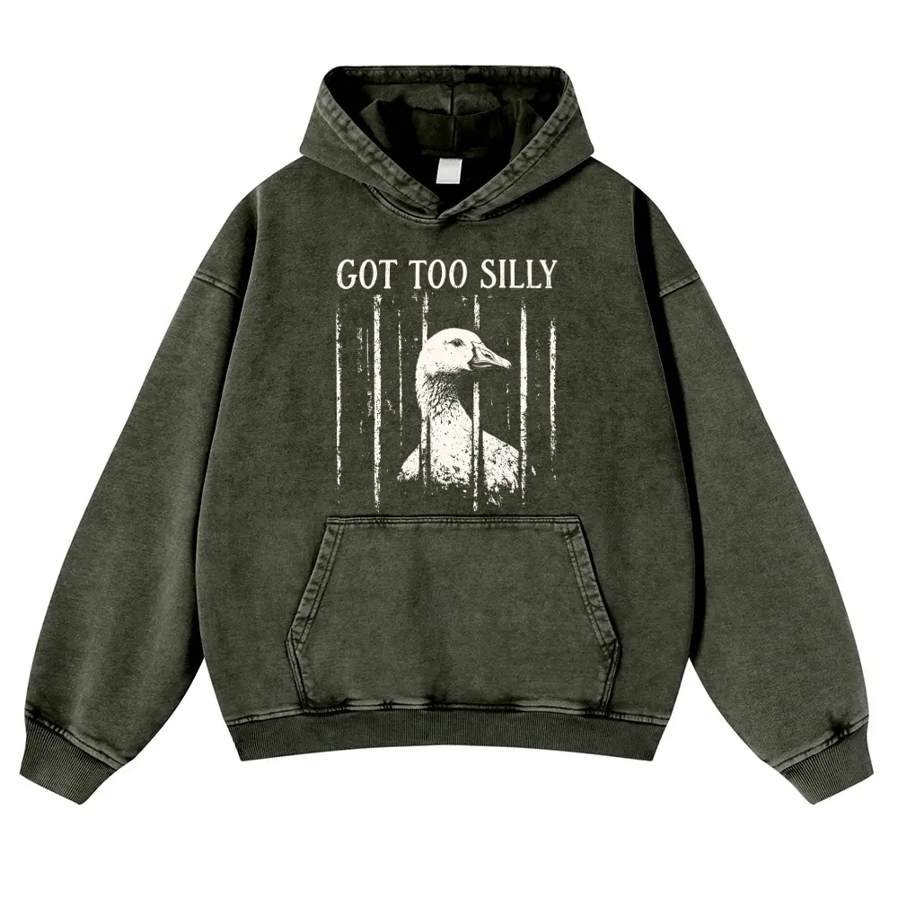 Vintage "Got Too Silly" Goose Graphic Hoodie for Men, Thick 380g Cotton-Blend Streetwear, Super Soft Casual Fit for Spring, Oversize, Long Sleeve, Jeans