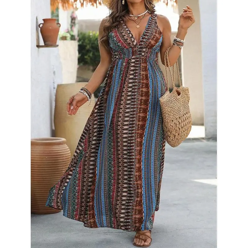 Plus Size Women Sleeveless Striped Belted Elegant Versatile Dress