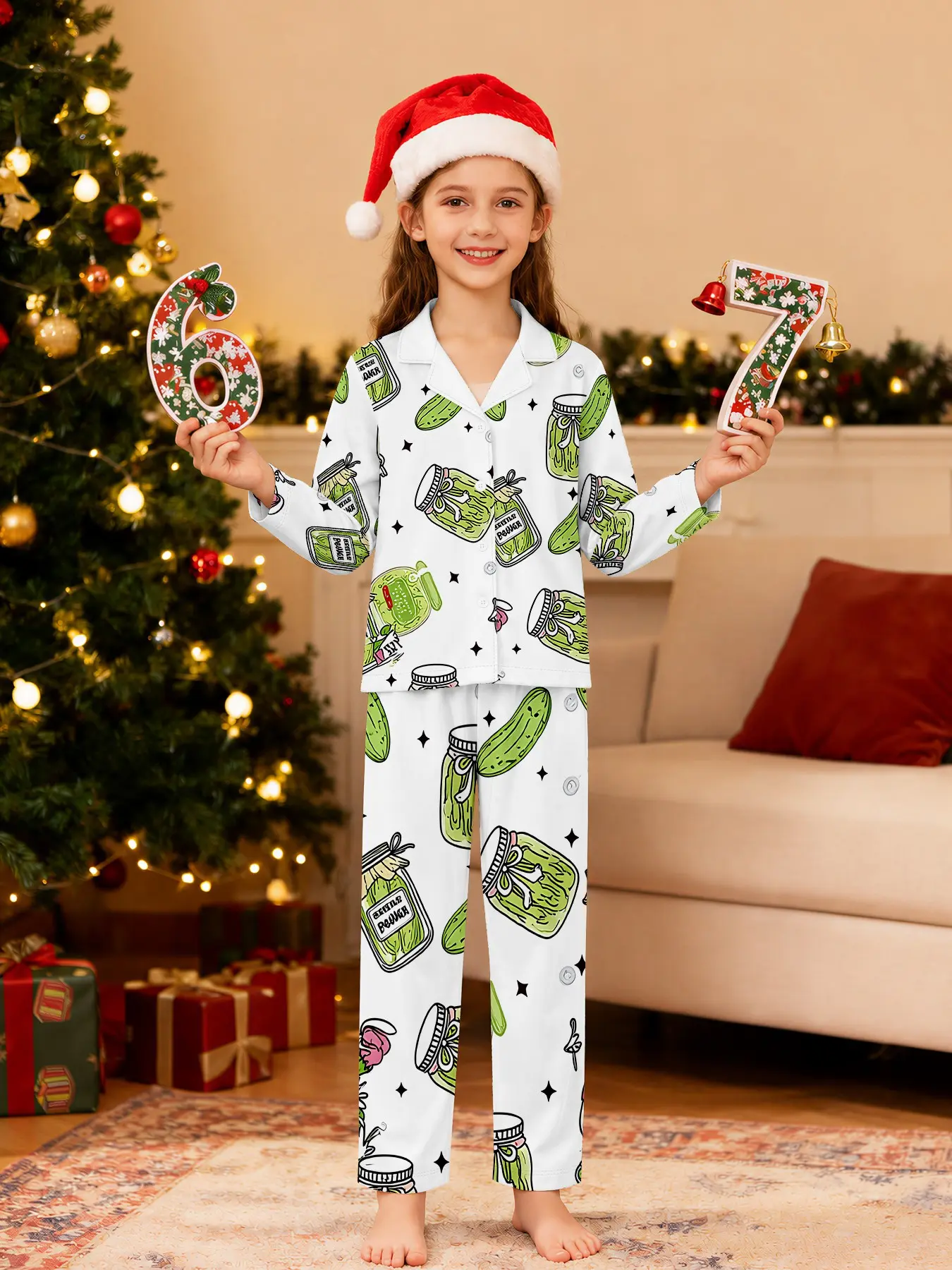 Base Pickle Print Pajama Set, Long Sleeve Loose-Fit Pants, All Seasons Casual Wear, Natural Waist H-Type Suit