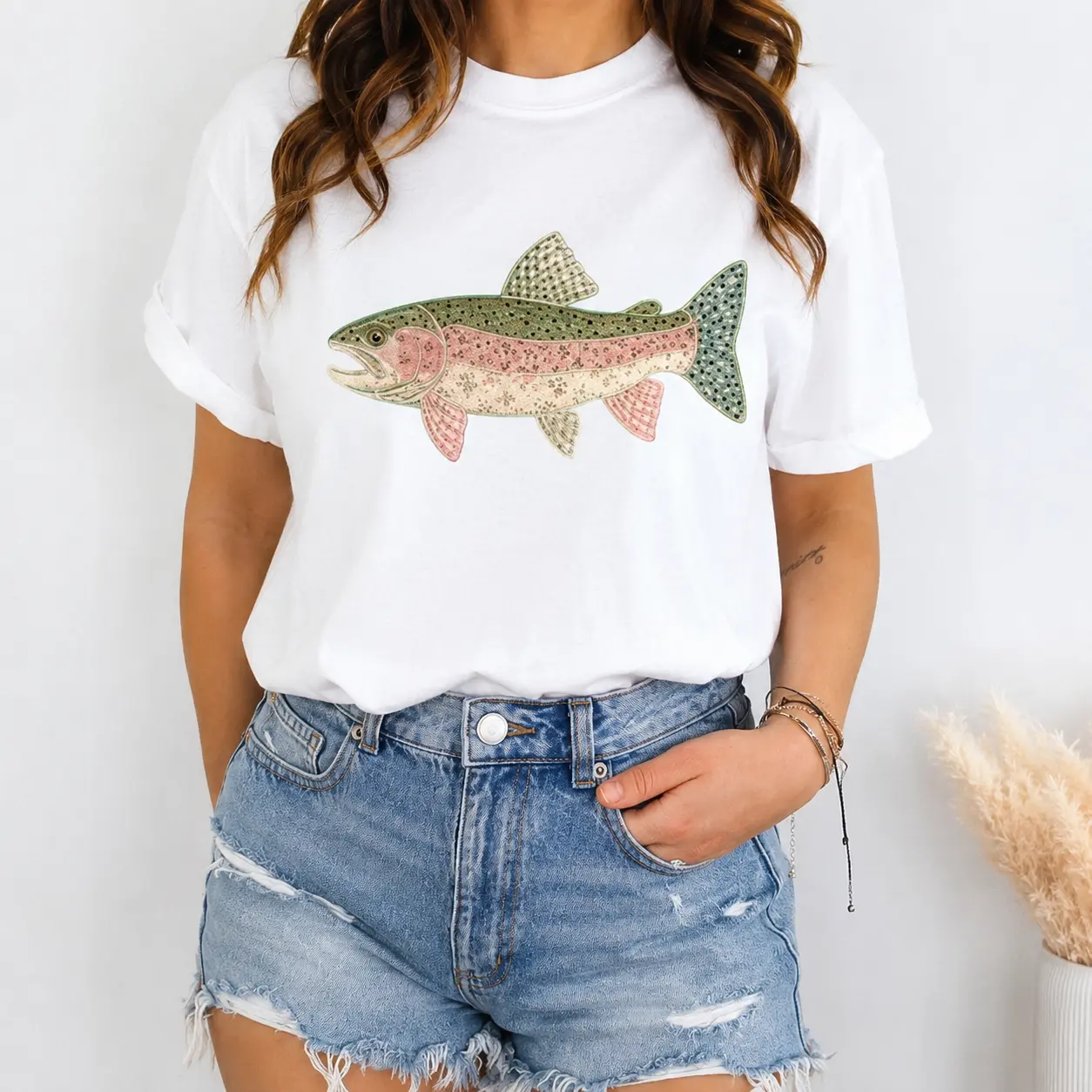 Printed Patchwork Rainbow Trout Shirt, Quilt Cottagecore Fish Tee, camping tshirt, Outdoorsy gift, Fishing shirt,Lake shirt