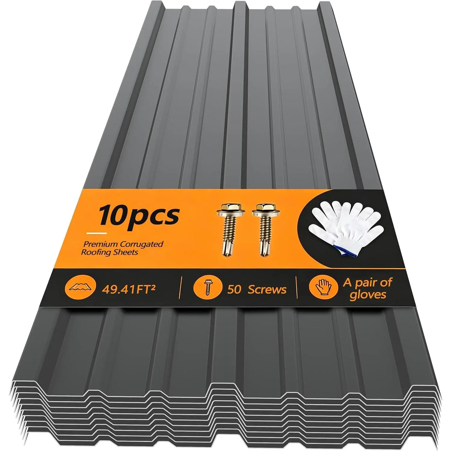 10 Pack Metal Roofing Panels, Corrugated Roof Panels, Grey | Heavy Duty Galvanized Steel, Metal Siding for Garages Chicken Coop Sheds Stables Patio, Includes Screws
