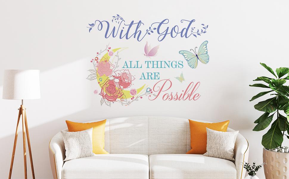 SICANDAENHK Brighten your space with these colorful Bible verse wall decals!"With God All Things are Possible" inspirational quote paired with lovely flower & butterfly designs, perfect for bedroom & living room decor🌸✨