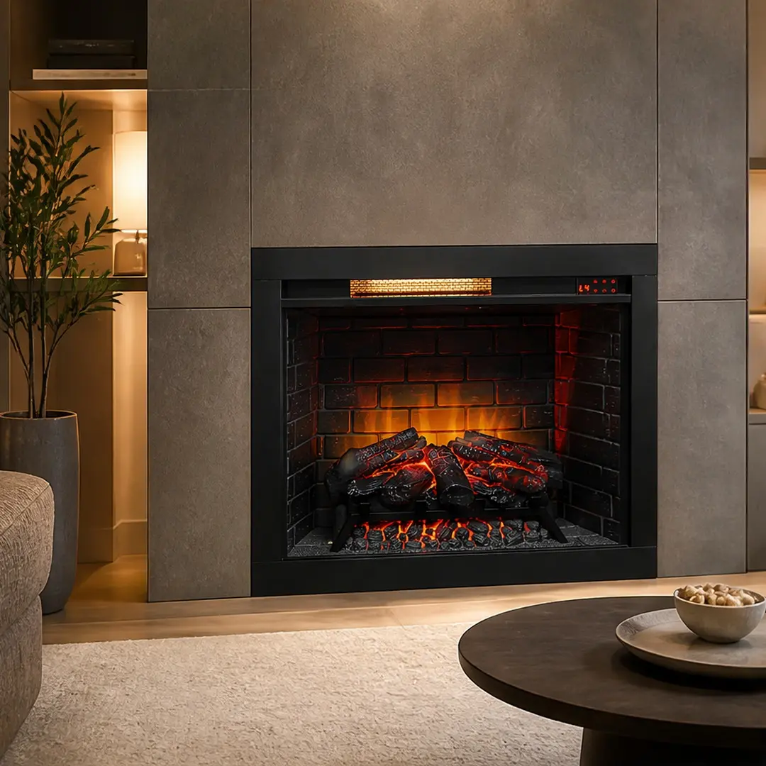28-Inch Rectangular Infrared Electric Fireplace Insert with Removable Trim Kit, Antique Black Tempered Glass & Sheet Metal, 1500W Infrared Heat Heater, Remote Control, Vent-Free, Powder Coated Finish, Touch Panel, CSA/UL Certified for Primary Space