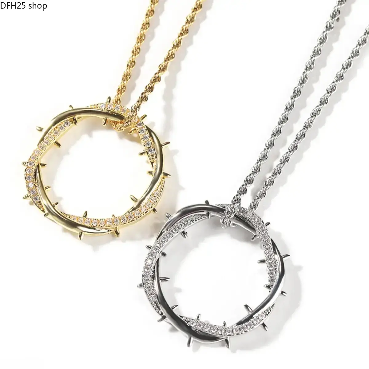 Vintage Thorn Crown Pendant Necklace For Women, Cubic Zirconia Geometric Statement Jewelry With Unique Metal Design For Daily Outfit Styling
