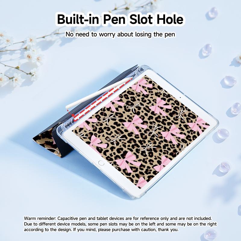Cute bow and leopard pattern, with adjustable bracket and pen slot, foldable non-slip TPU protective case, suitable for iPad mini, iPad Air, iPad Pro/iPad 10th generation, 11th generation and other series iPad protective cases