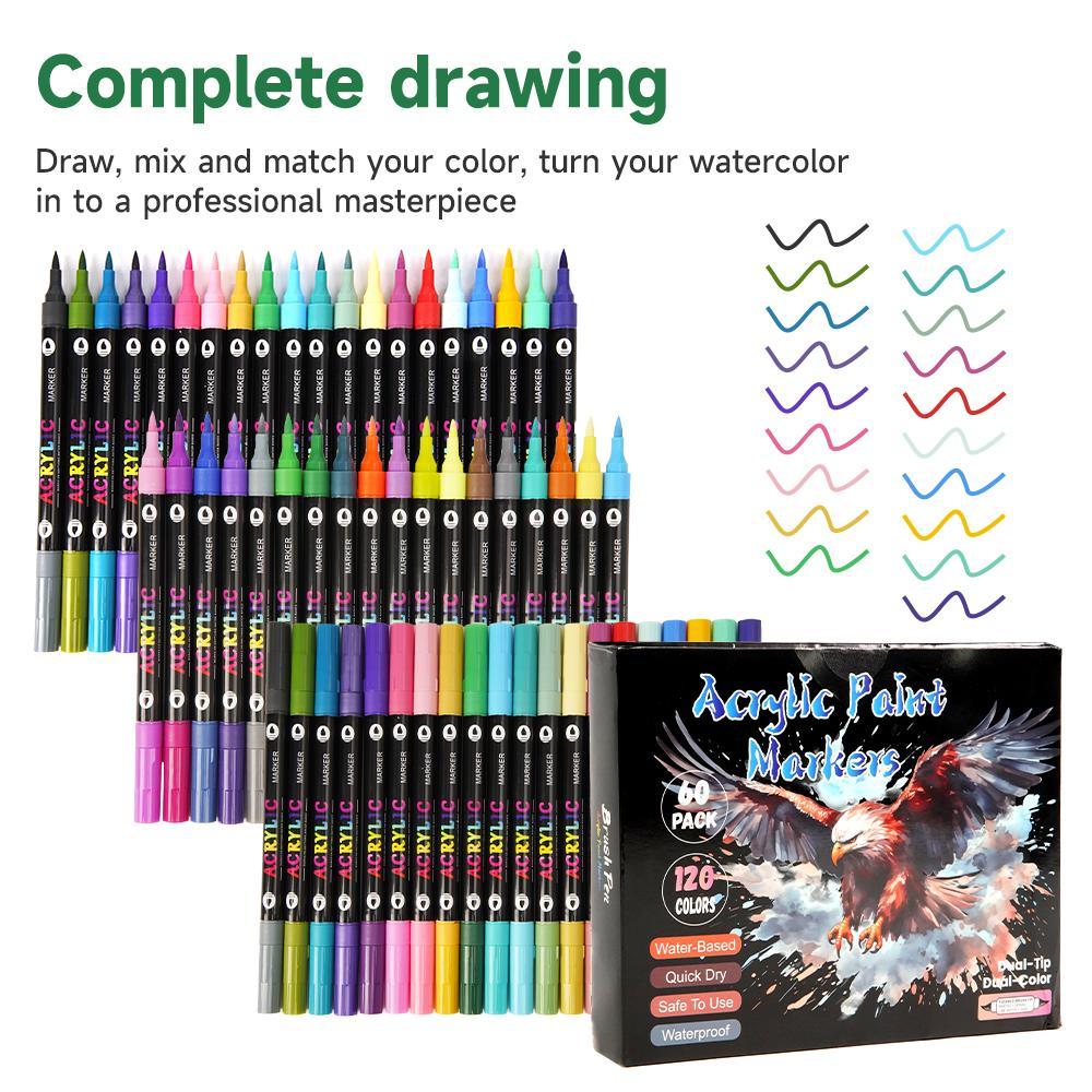 120 Colors Acrylic Paint Marker Pen Set, 60pcs/set Permanent Oil Marker Pen, Multifunction Art Supplies for Rock Painting, Fabric, Stone, Wood, Glass, Paper, Plastic, Christmas Gift, Acrylic Markers