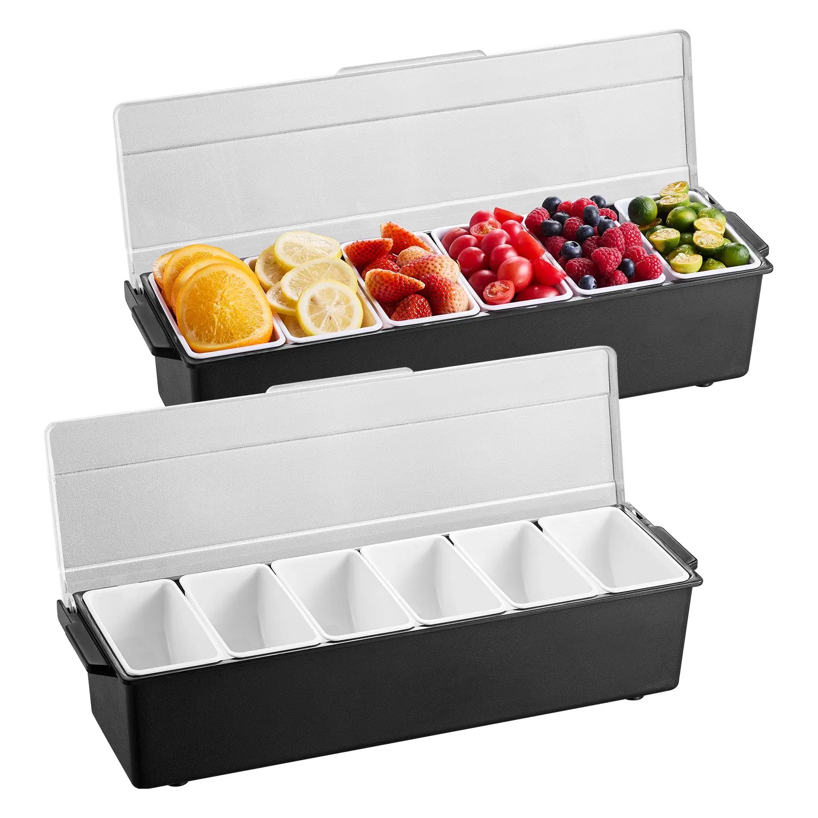 VEVOR Indoor Portable Kitchen Storage Ice-Cooled Condiment Serving Container - 6-Compartment Chilled Server, Detachable Plastic Garnish Station Lid Dispenser Tray for Taco Restaurants, Chill Cooling