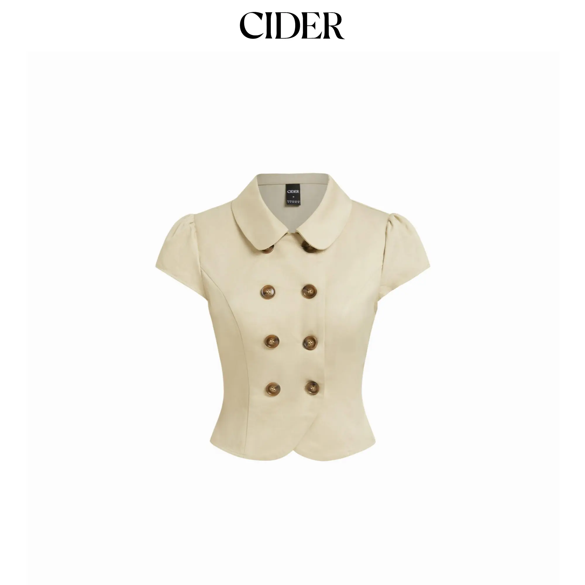 Cider Cotton-blend Peter Pan Collar Puff Sleeve Metal Detail Double Breasted Blouse