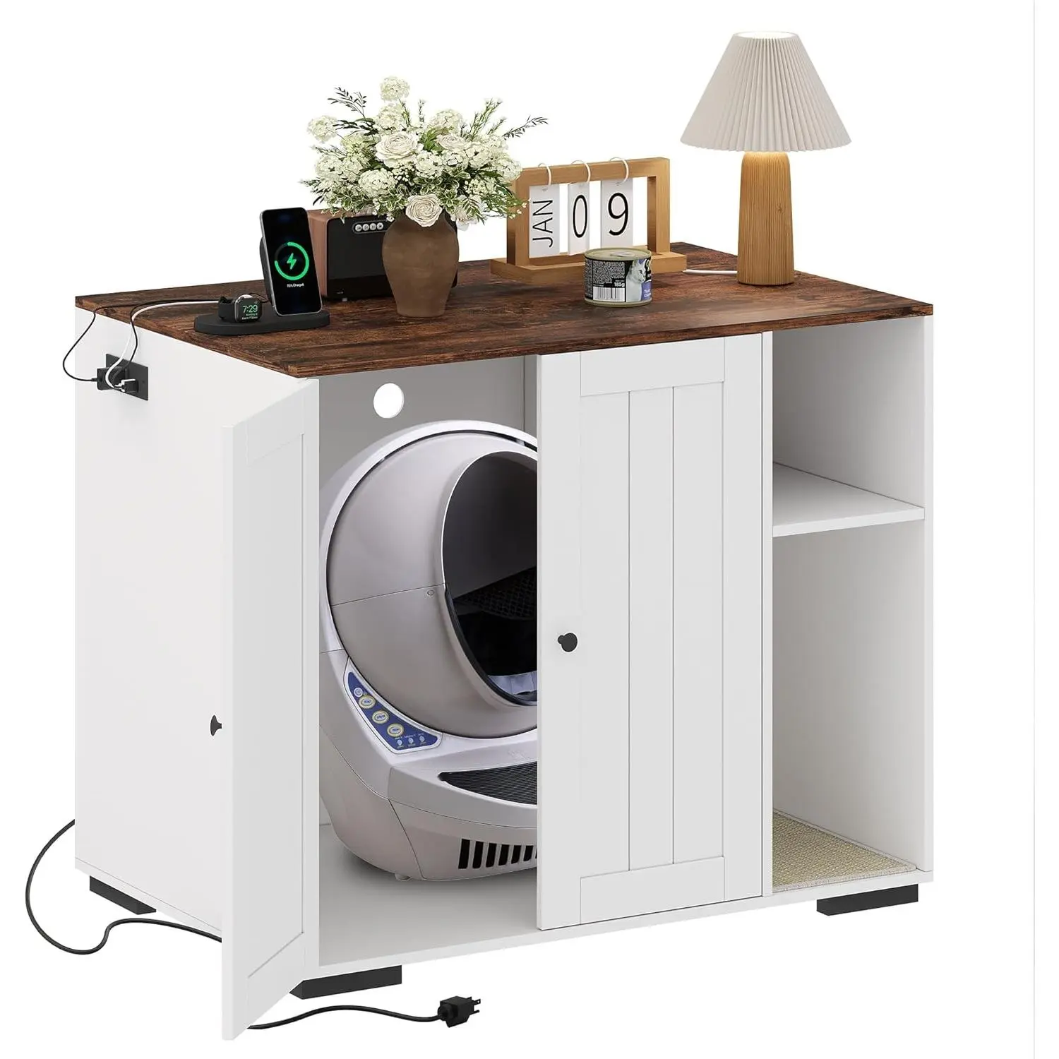 Large Litter Robot 4 Enclosure Cabinet with Built-in Power Outlet & USB Ports, Dog-Proof Partition Shelf & Removable Litter Mat, Multi-Functional Automatic Self-Cleaning Litter Box Furniture for Indoor Living Room & Bedroom