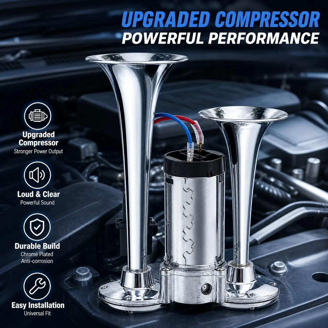 12V Chrome Metal Car Air Horn, Dual Tube, Includes Compressor, Full Set with Mounting Hardware, Car Train Air Horn Kit, Train Horn For Car