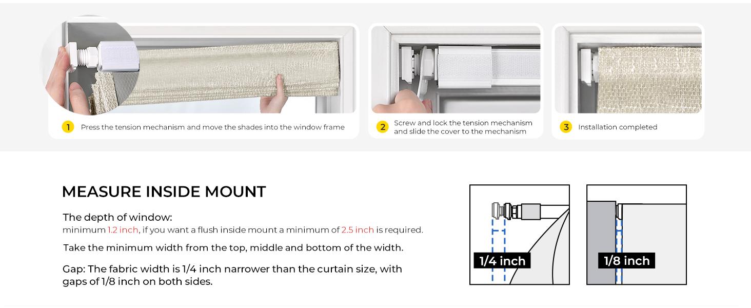 No Tools No Drill Cordless Roman Shades for Indoor Windows 100% Blackout, for Window Size 34" W * 64" H Beige