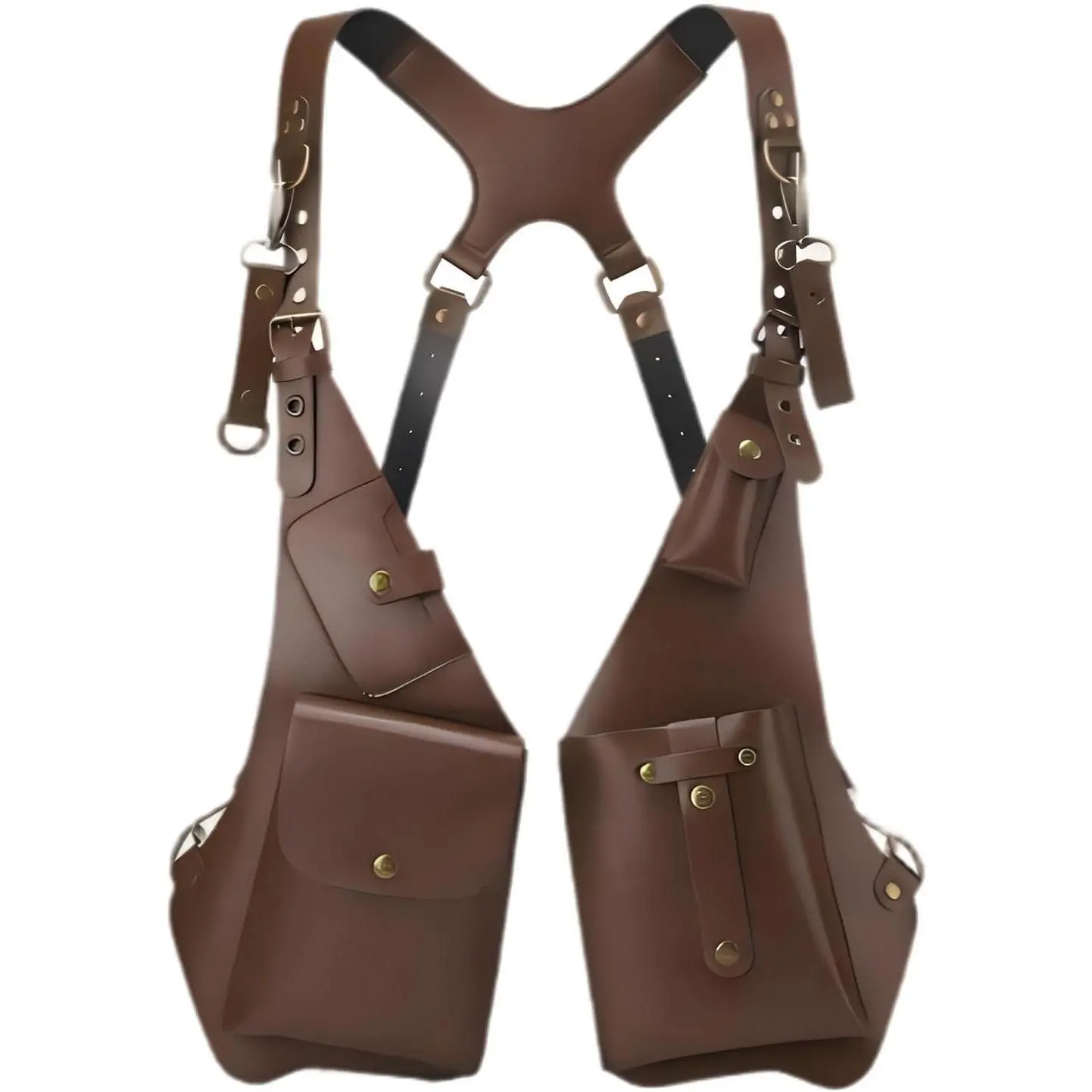Adjustable Underarm  Bag, Double  Holster(Brown) | PU leather vest pack with 21 x 15 in profile, metal hardware and quick-access pockets for hands-free daily carry