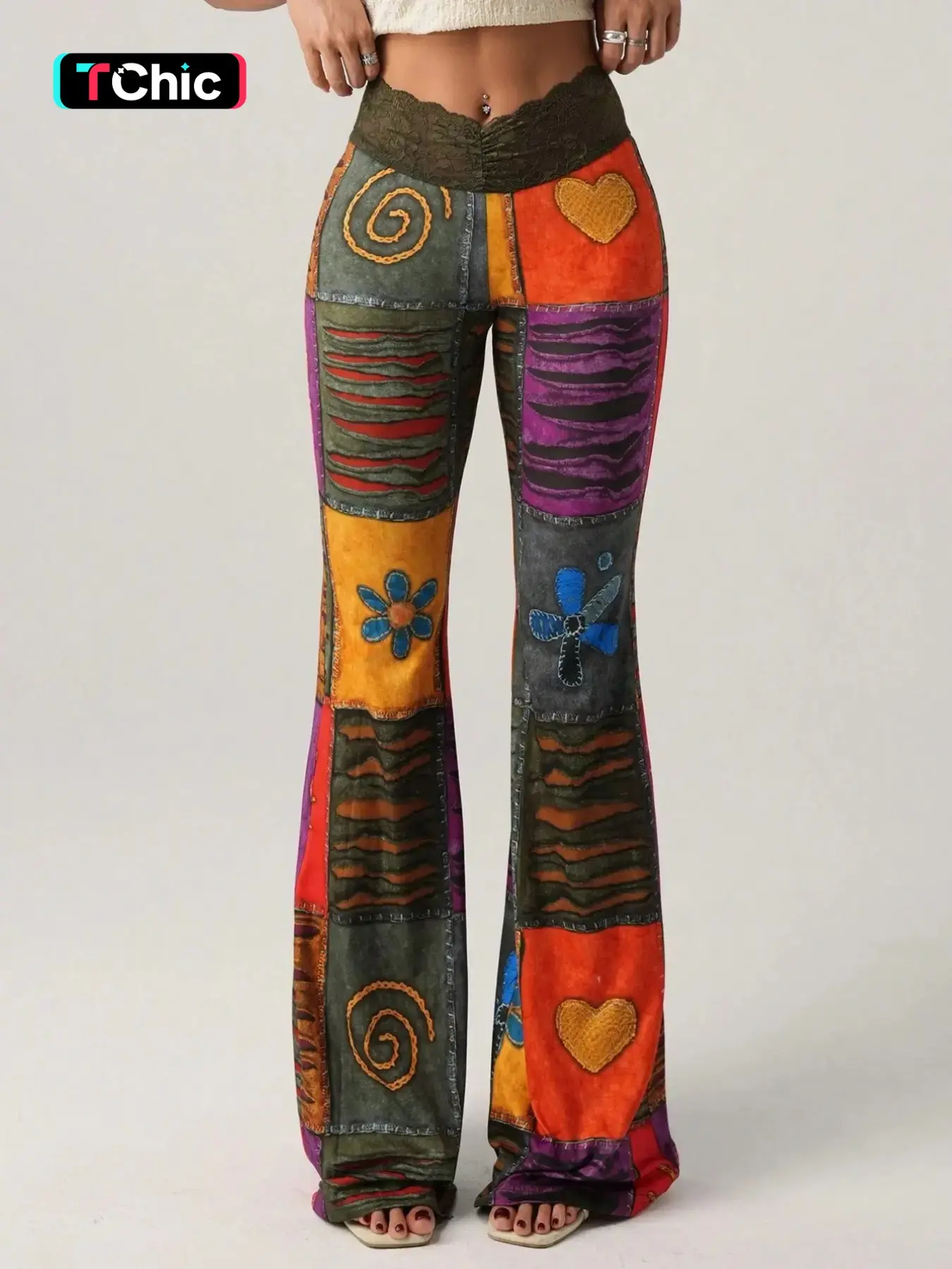 Women's Fashionable Retro Contrast Color Block Print Flare Pants