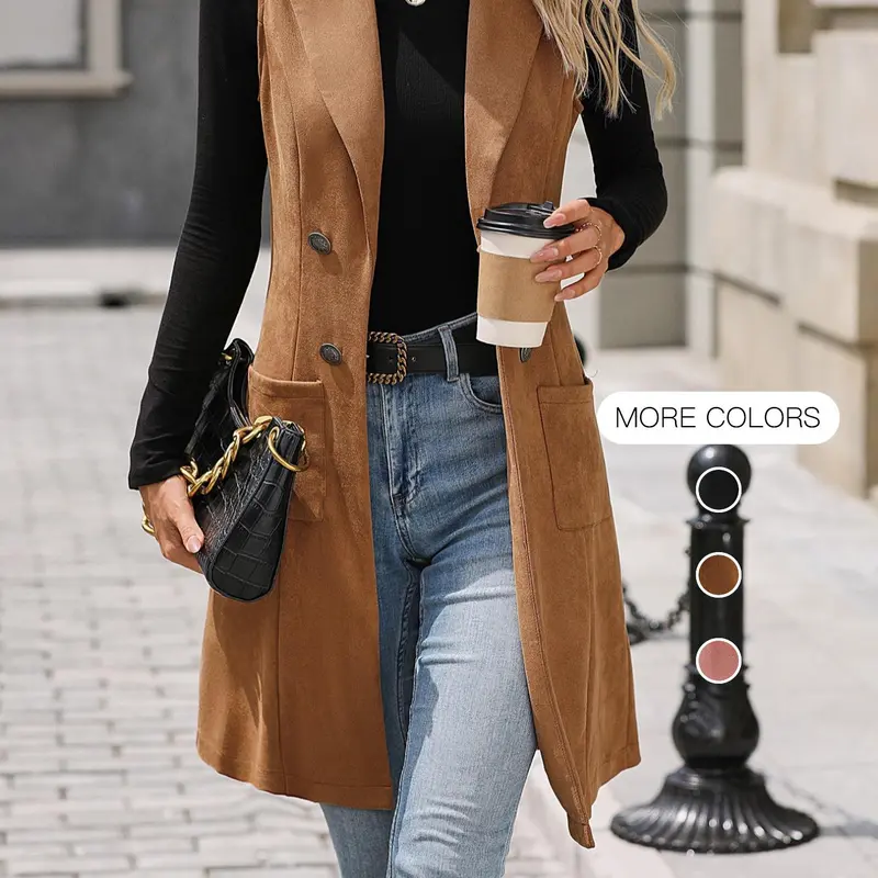 Women's Vintage Fitted Button Vest, Sleeveless Knee-Length Outerwear Fabric, Casual Everyday Spring & Fall Top, No Zipper, Unlined, Buy One Size Up