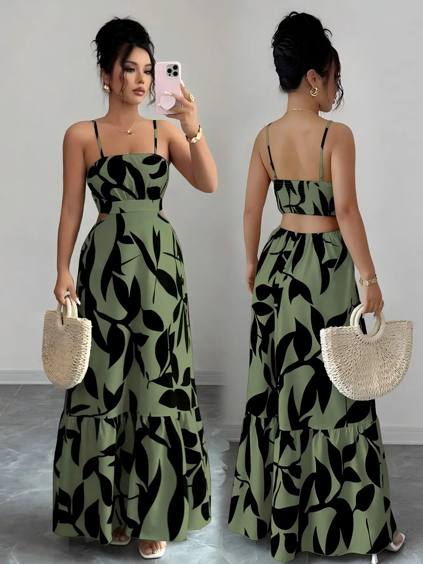 Elegant Floral Print Sleeveless Midi Dress for Women, Waist-Cropped Design, Perfect for Casual Wear, Stylish and Comfortable Clothing Choice