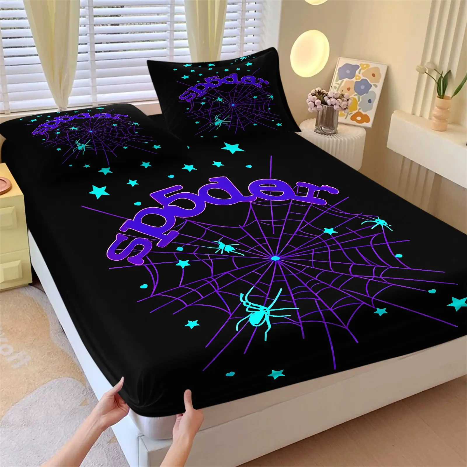 Y2K Aesthetic Spider Spider Web Fitted Sheet Set, 1 Fitted Sheet ＆ 2 Pillowcases wihtout Core, Black Purple‑Blue Gothic Halloween Mattress Cover, Cool Spider Print Bedspread, Soft Bedding for Dorm Bedroom Decor, Printed Bedding Set