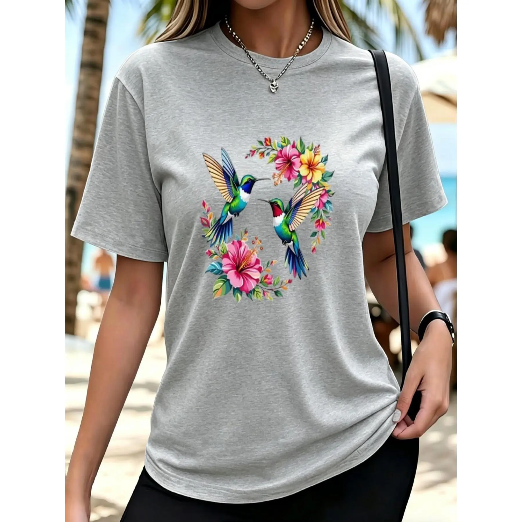 Women's Hummingbird & Floral Print T-Shirt, 180g Soft Crew Neck Short Sleeve, Casual Loose Fit Tee, Breathable Fabric, Summer Autumn Streetwear, Machine Washable, Great for Daily Wear & Brunch, Nice Nature Lover Gift good graphic tee quote manga classic