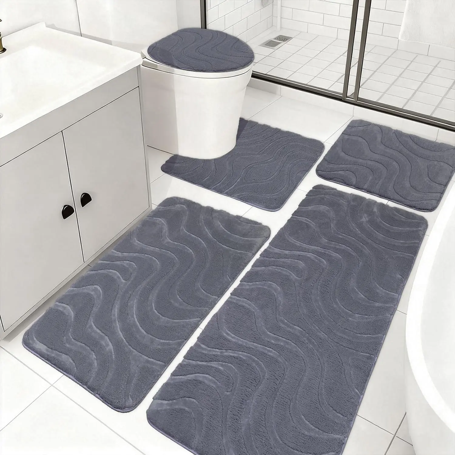 Bathroom Rug Sets 5 count, Ultra Soft Absorbent Non-Slip Plush Bath Mats, Includes Toilet Cover, Bath Runner and U-Shaped Contour Toilet Rug, Machine Washable, Light Grey