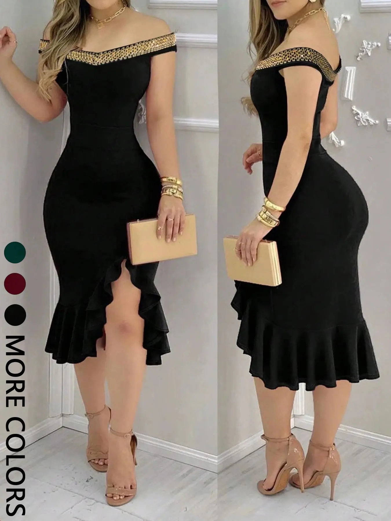 1 Piece Off Shoulder Rhinestone Trim Side Slit Ruffle Hem Midi Bodycon Party Dress No Necklace 1 Piece Off Shoulder Rhinestone Trim Side Slit Ruffle Hem Midi Bodycon Party Dress No Necklace