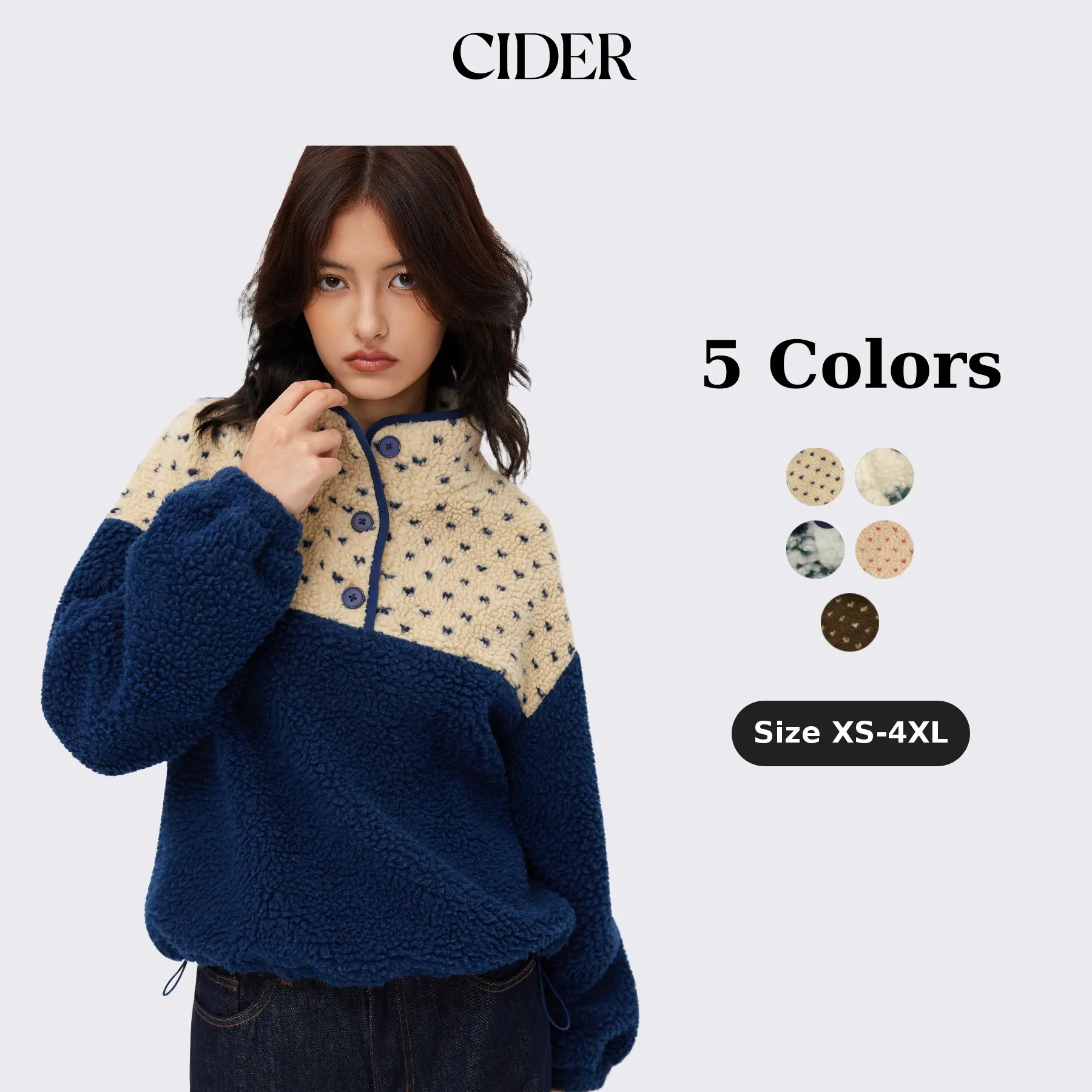 Cider Fleece Stand Collar Two Tone Patchy Drawstring Oversized Sweatshirt