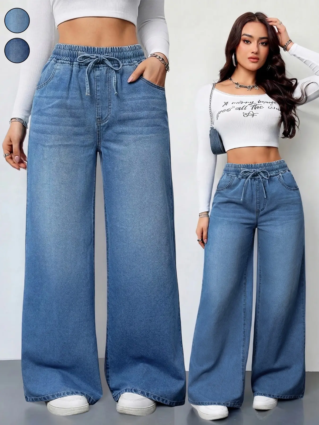 Women's Casual Elastic Waist Denim Woven Jeans With Pockets , Loose Fit Wide Leg Pants, Versatile Basic Denim, Comfortable and Stylish, Perfect for Everyday Wear